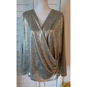 Soft Surroundings Stella Neutral Foil Metallic V-Neck faux wrap blouse 2X